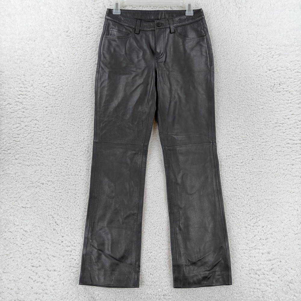 Shanghai Tang Womens 2 Black Leather Straight Leg Lined Dress Pants Logo P1857